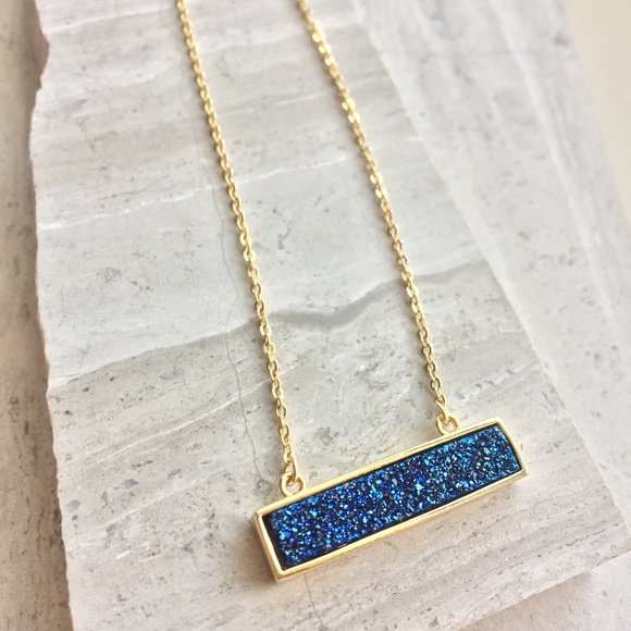 JPeace Designs Jewelry - Blue Druzy Bar Necklace/ Gold chain